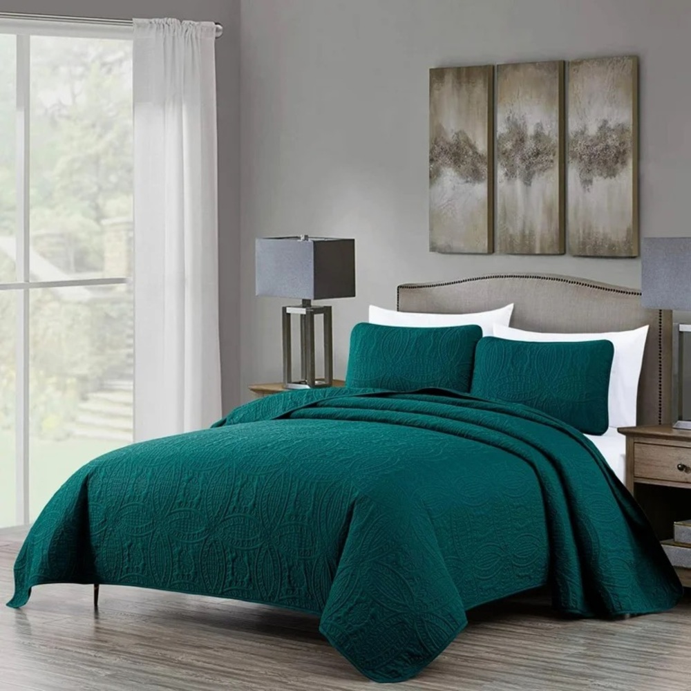 Teal king Quilted Bedspread Set - Elegant Home Bedding